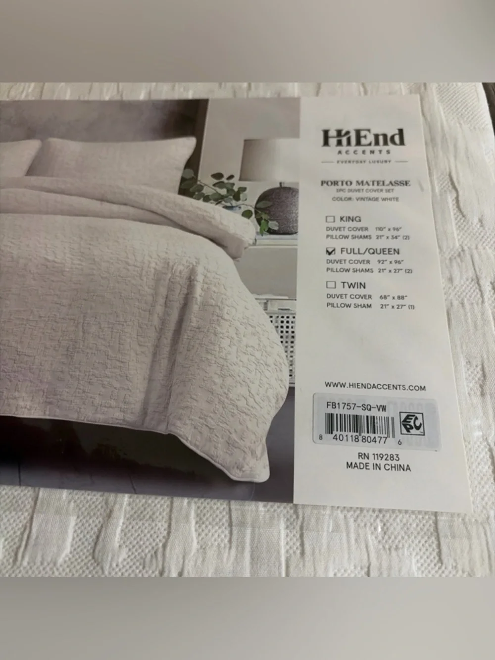 HiEnd Accents Porto Matelassé Textured 3 Piece Duvet Cover Set - Sz Full/Queen